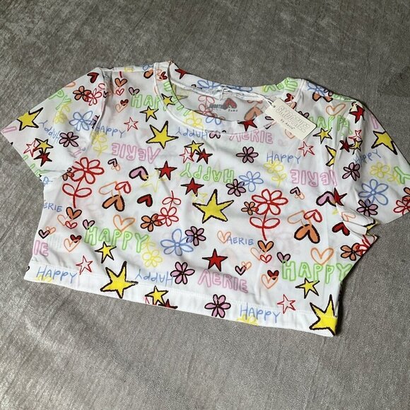 NWT Aerie Stretch Crop Top Happy Floral Hearts Summer Lightweight Festival Beach - Picture 6 of 11